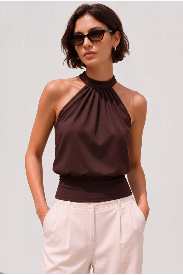 Women's Brown Backless Halter Neck Modal Cotton Blouse with Fitted Waist
