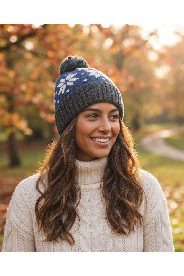 Unisex Pompon Siala Beanie Fo 2678 Smoked Snowflake / Scandinavian Patterned, Folded Cuff and Warm Winter Beanie