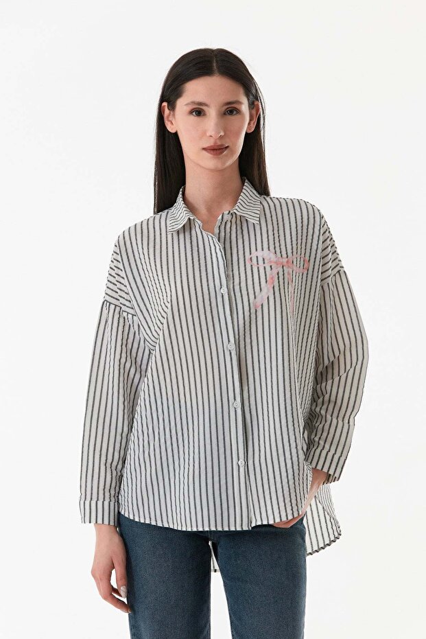 Striped Ribbon Printed Long Back Casual Shirt
