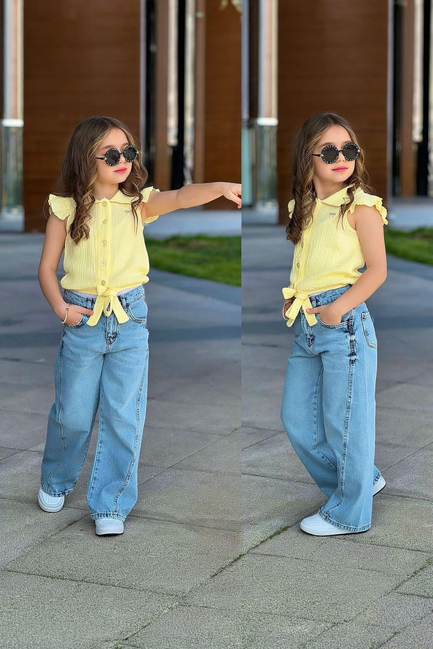 My Little Girl's Muslin Shirt and Jeans Set - Yellow