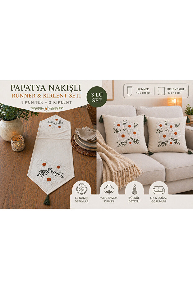 Modern Punch Embroidered Stylish 3-Piece Set - 2 Pillow Covers & 1 Table Runner