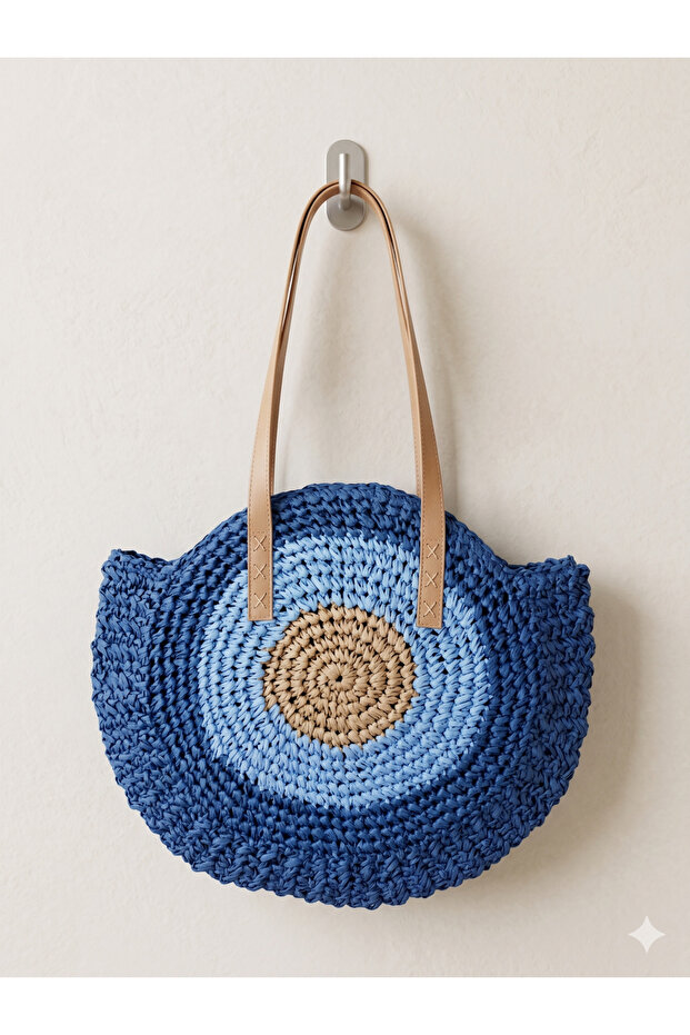 Blue Round Detailed Spiral Straw Bag Cnt1005