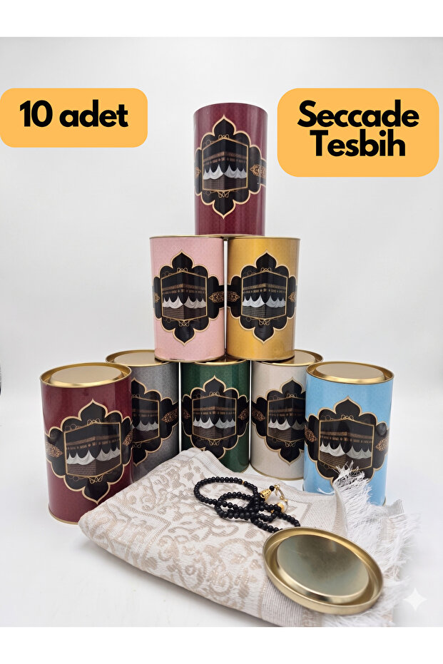 Luxurious Kaaba Design 10-Piece Gift Set of Prayer Mats and Prayer Beads (with Cylinder Box)