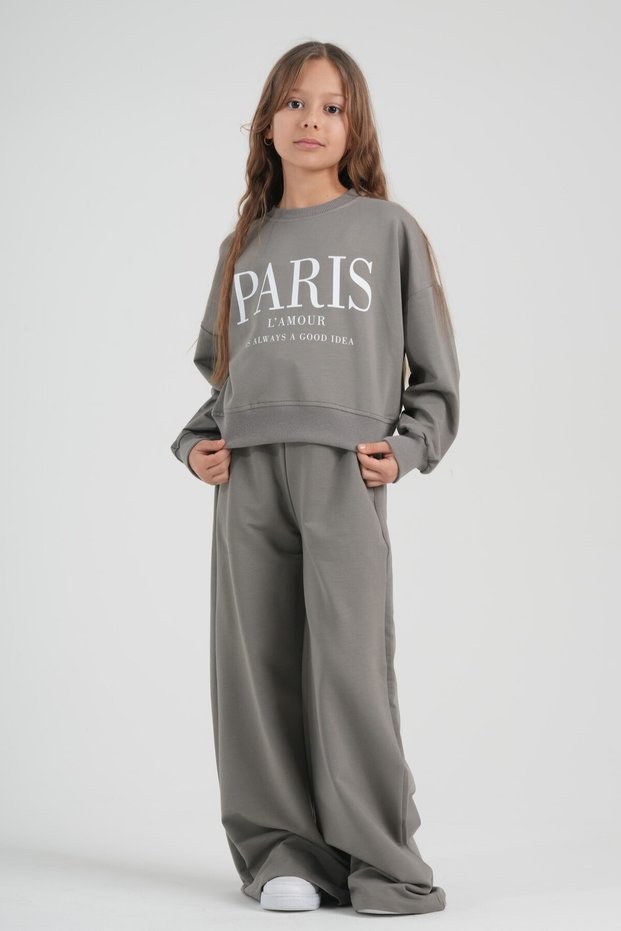 Girl's Gray Wide-Leg Sweatpants Set - Sweatshirt and Comfortable Fit Bottoms