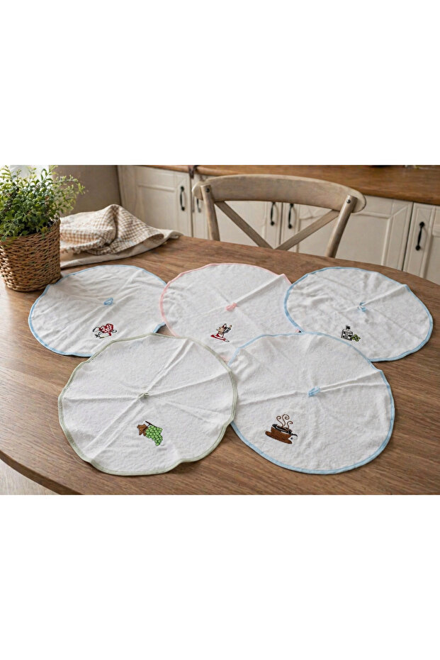 Set of 5 Round Kitchen Towels 50 cm – Embroidered, Soft Cotton, Absorbent, Stylish Design Drying Cloth Set