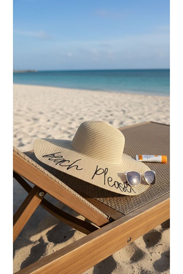 قبعة شاطئية من القش - قبعة شاطئية واسعة الحواف مكتوب عليها عليها "Beach Please"