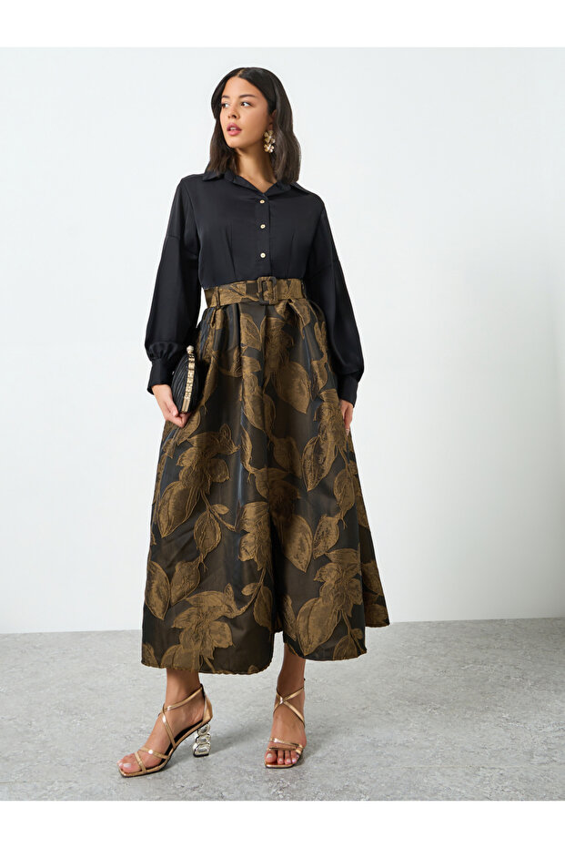 Brown Floral Jacquard Belted Maxi Dress