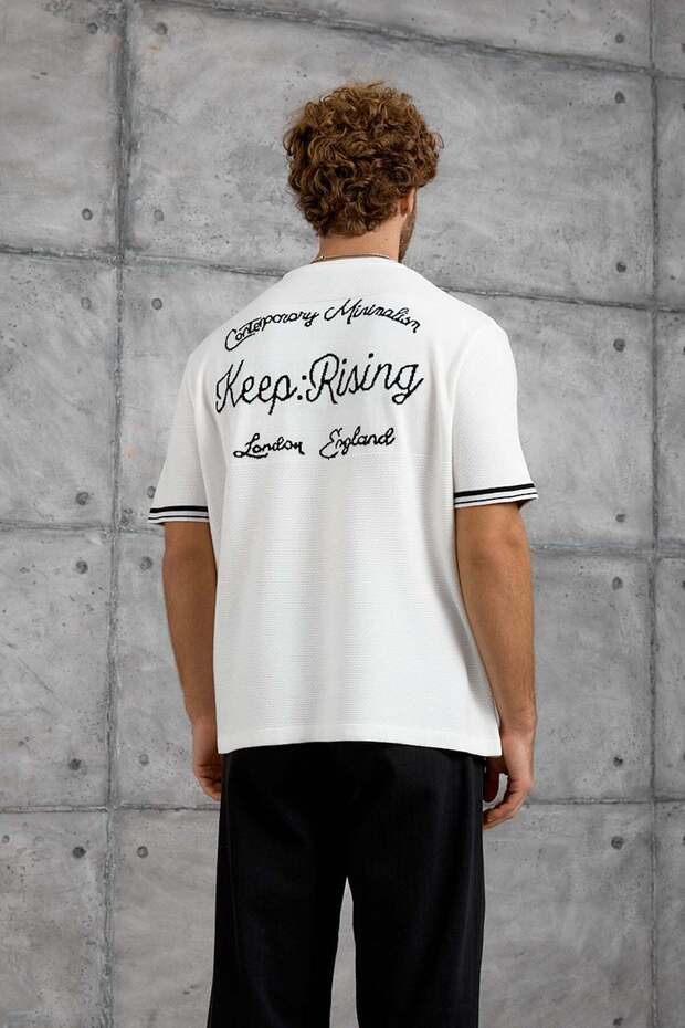 Men's T-Shirt Dp Bi̇si̇klet Yala Tri̇ko White Oversize Knitwear Fabric Crew Neck