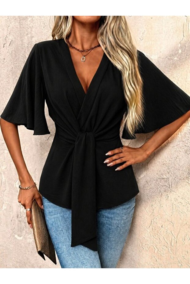 Women's Waist-Tied Double-Breasted Collared Aerobin Blouse
