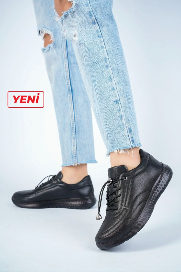 Genuine Leather Orthopedic Women's Black Sneaker Shoes