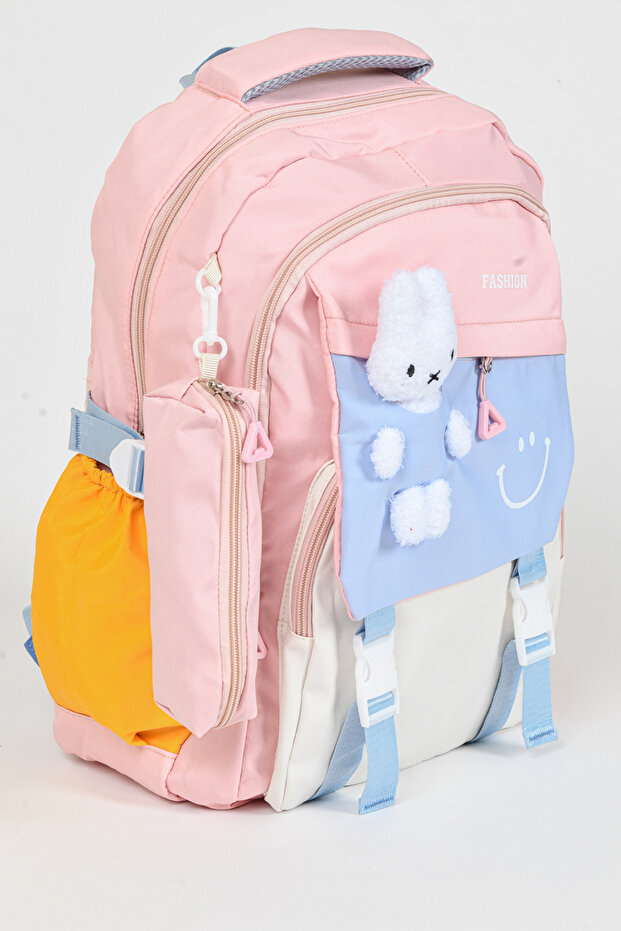 Teddy Bear Detailed Colorful School Bag Pink