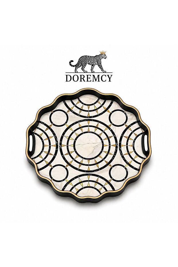Luxury Glass Surface Presentation Tray 38 cm - Tea and Coffee Serving Tray - Decorative Round Tray with Gold Detail