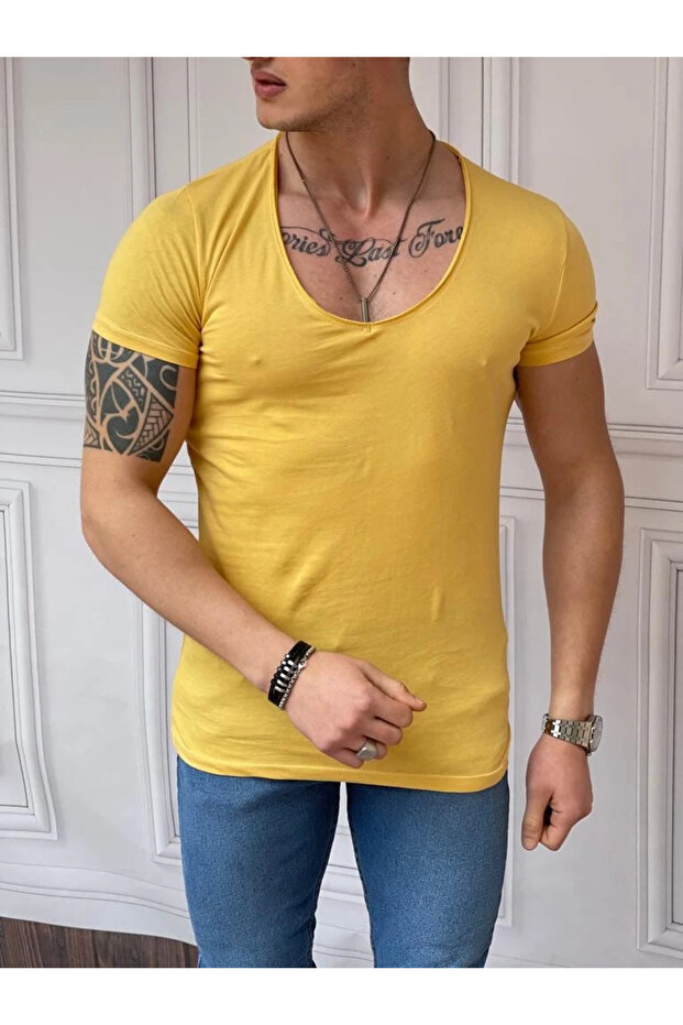 Slim Fit Deep Open Collar Cotton T-Shirt