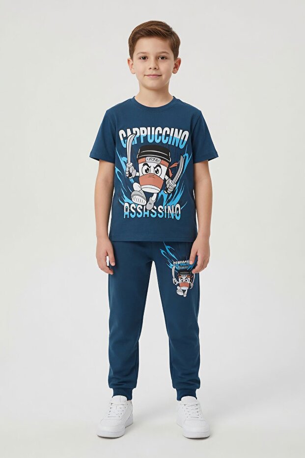 Blue Character Printed Crew Neck T-Shirt and Sweatpants Set for Boys 23847