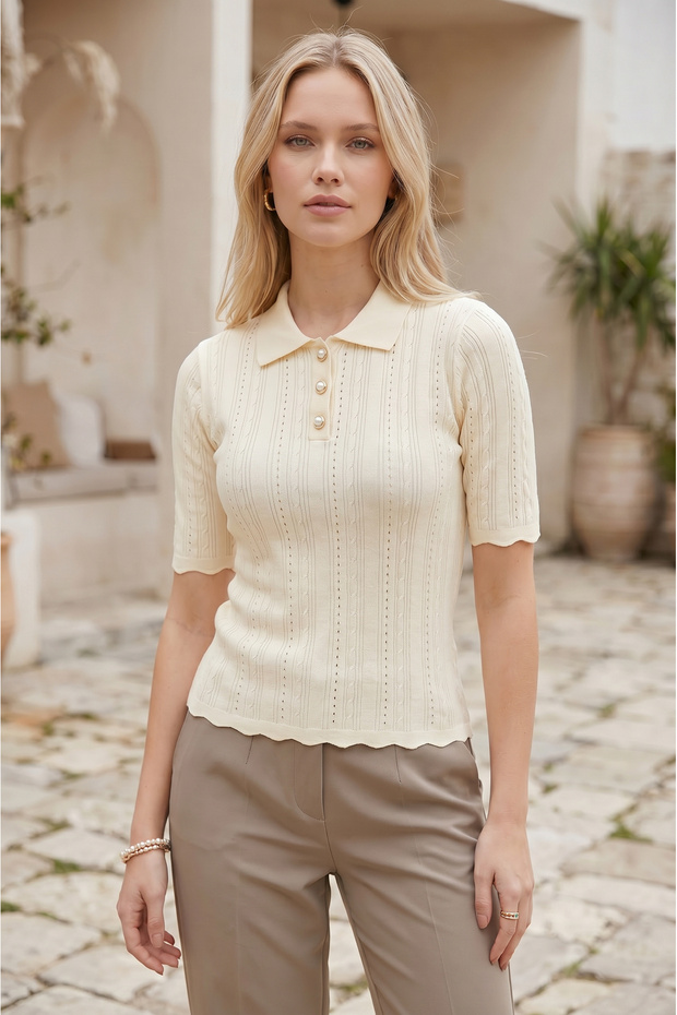 Polo Collar T-Shirt with Gold Buttons
