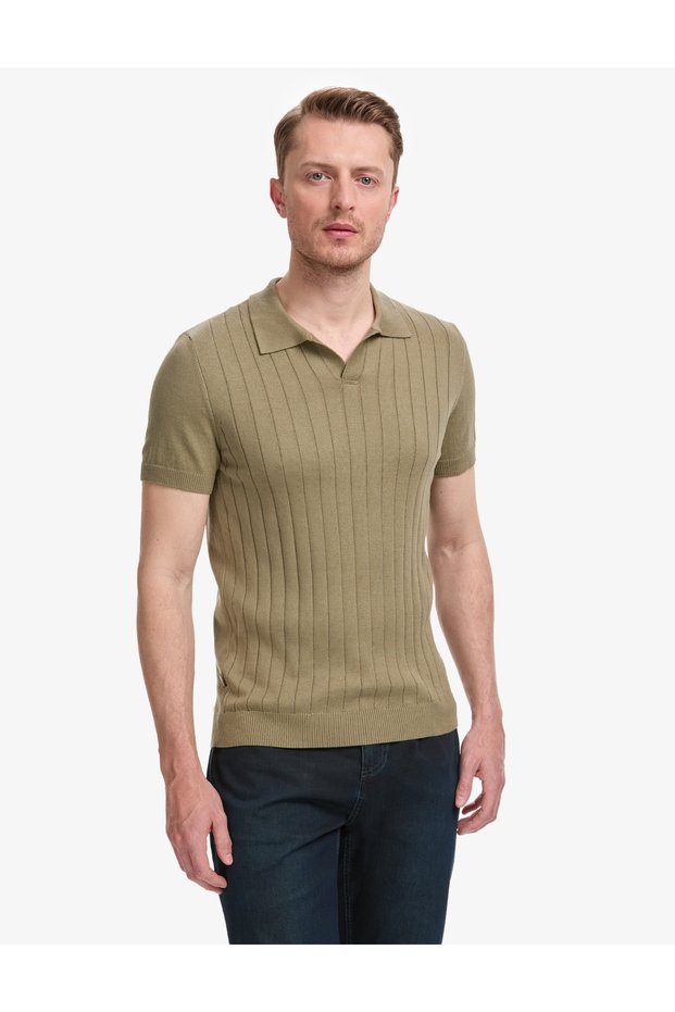 Khaki Slim Fit 100% Cotton Apaş Collar Knitwear T-Shirt 50325074-Vr027
