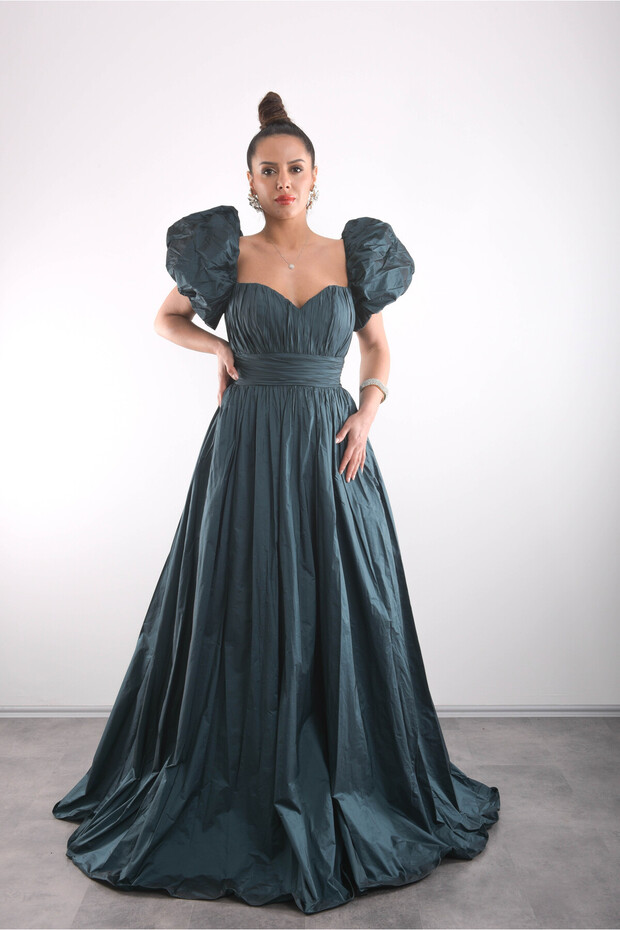 Strapless Balloon Sleeves Draped Lined Puffy Luxury Taffeta Dress