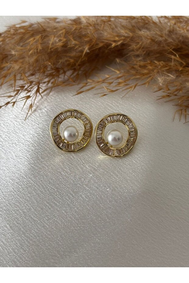 Baguette Detailed Pearl Steel Earrings
