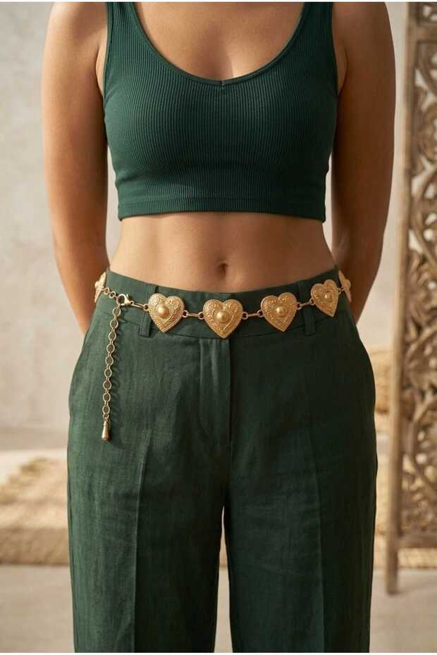 Gold Adjustable Waist Chain Belt with Heart Motif
