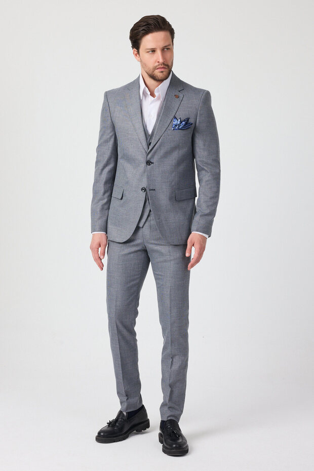 Serardo Men's Navy-Grey Polyviscon Fabric Slim Fit Jacket Pants Vest Suit