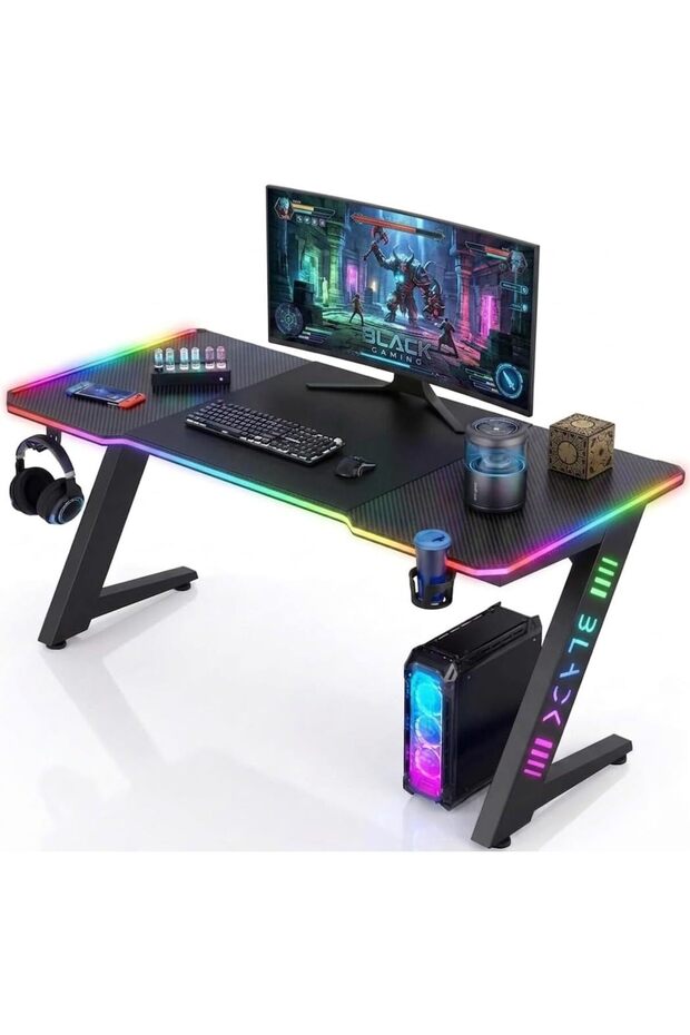 Side-Lit Gaming Desk, Z-Shaped, Carbon Fiber Surface, Cold-Rolled Steel Frame, Cable Management, Cup Holder, Headphone Holder, Colorful Running Lights, Durable Design
