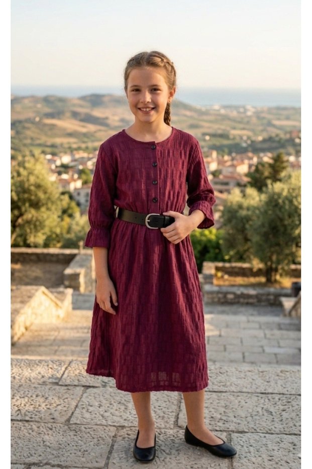 Girl's Crinkled Fabric Belted Half-Sleeve Long Casual Belted Dress for Eid.