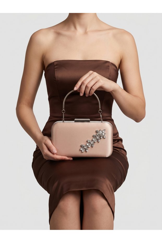 Beige Color Z.A.R.A. Satin Crystal Stone Embroidered Chain Women's Evening Dress Bag Wedding Engagement Graduation
