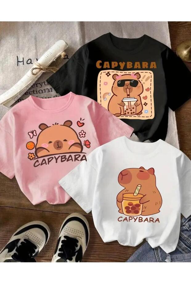 Girl's 3-Pack Capybara-Drink Printed T-Shirt with Glasses