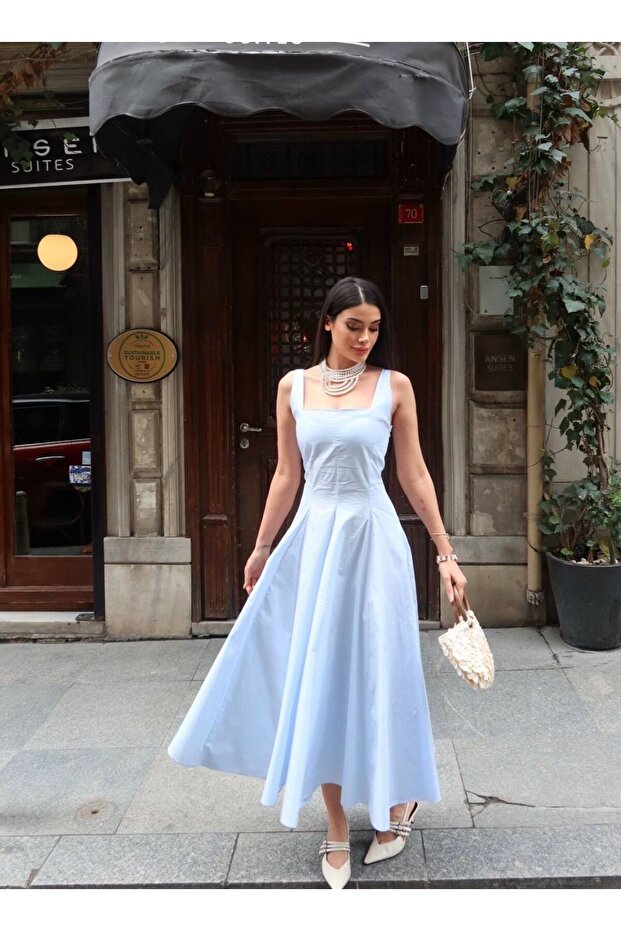 Square Neck Flounce Blue Long Dress