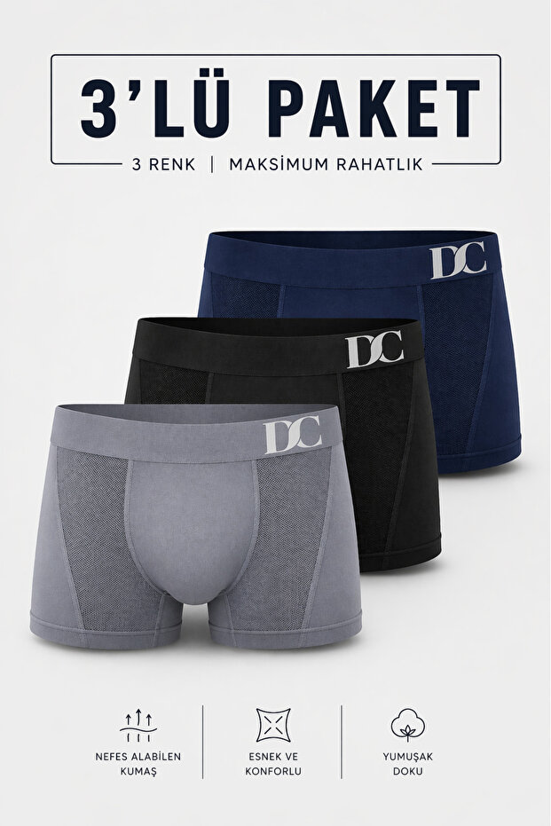 Men's Boxer 3-Pack Daily Comfort Micro Perforated Breathable Seamless Flexible Black/Navy Blue/Grey Set