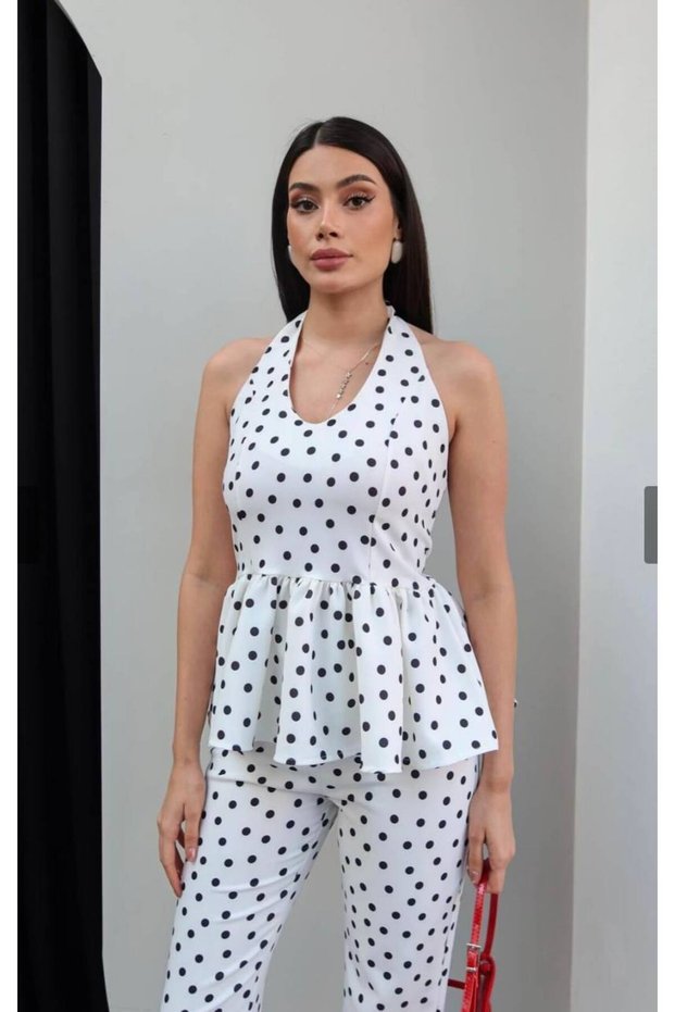 Black and White Polka Dot Halter Neck Flounce Blouse and Pants Set Stylish Summer Combination