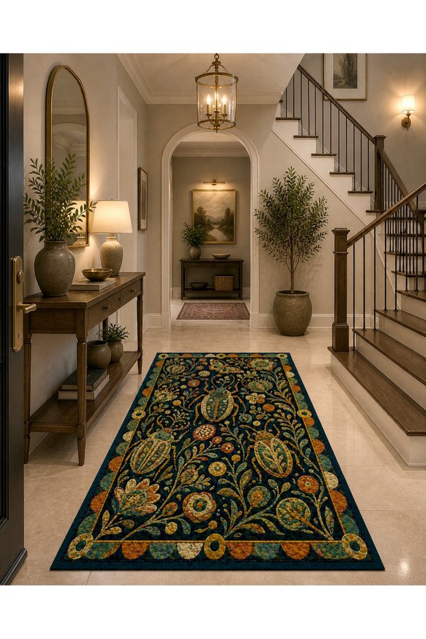 Sdt Exotic Insect Motif Navy Blue Background Nature Themed Woven Base Decorative Carpet Sdt1182