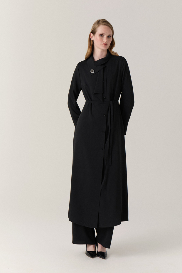 Brooch Detailed Belted Black Giy Çık 0391