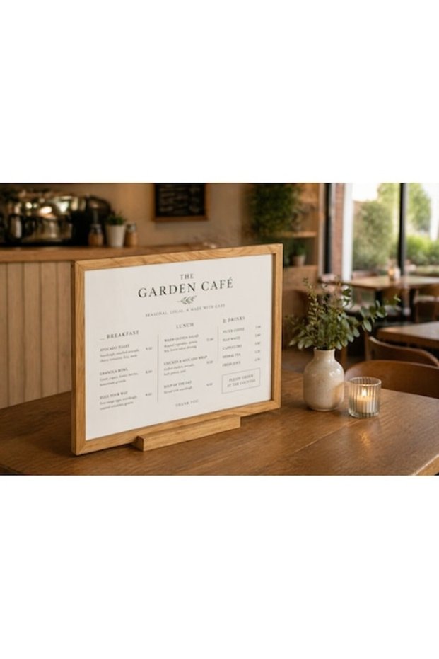 Display / menu stand with solid Oak frame and base, A3 landscape format, 42 x 30 cm