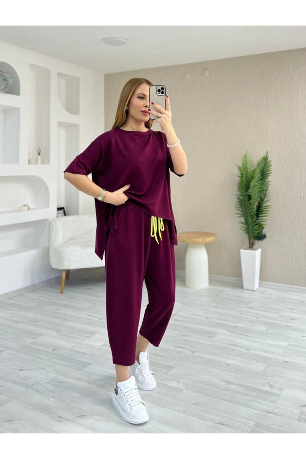 Women's Short Sleeve Crew Neck Viscose Two Thread Blouse and Pants Double Set