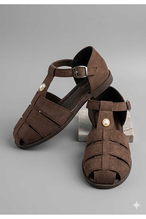 Women's First Brown Suede Flat Sole Sandals with Buckle Detail
