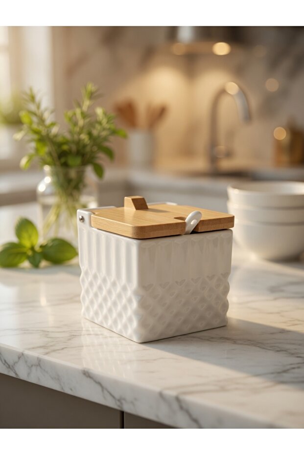 Porcelain Spice Container with Bamboo Lid and Spoon, 1 Piece
