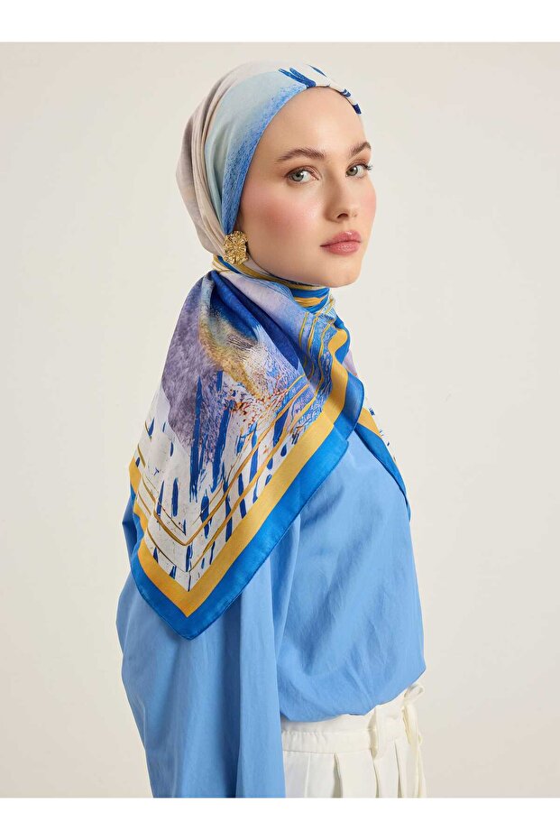 Blue and Yellow Patterned Soft Scarf - - 2