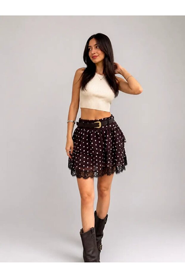 Belt Detailed Polka Dot Flared Mini Skirt with Shorts – Brown