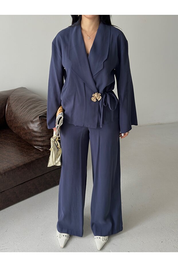 Gold Buttoned Tied Oversize Jacket and Trousers Double Modal Set