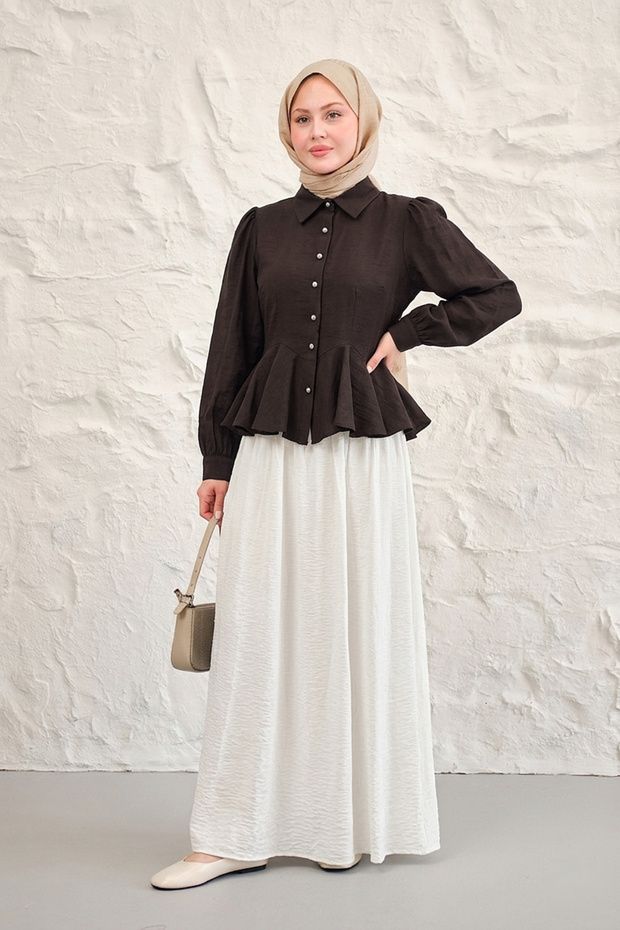 Women's Gold Button Detail Ruffled Short Shirt Brown
