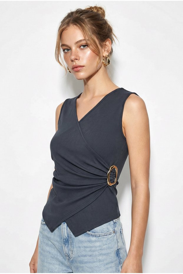 Women's Smoked Double-Breasted Collar Blouse with Gold Buckle Detail 2303 60283993