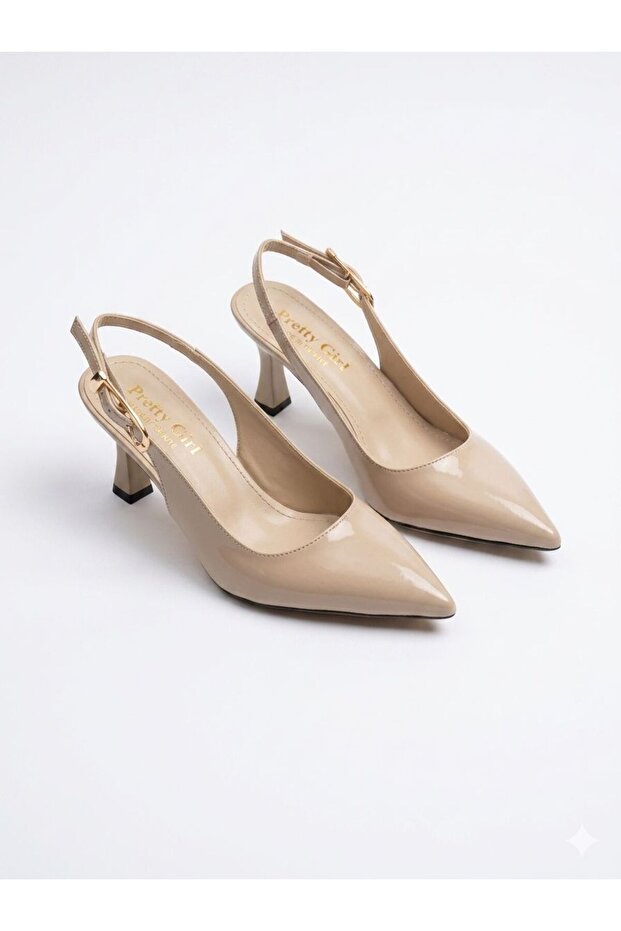 Women's Pointed-Toe Ankle-Strap Heels in Beige Patent Leather (Heel Height 8 cm)