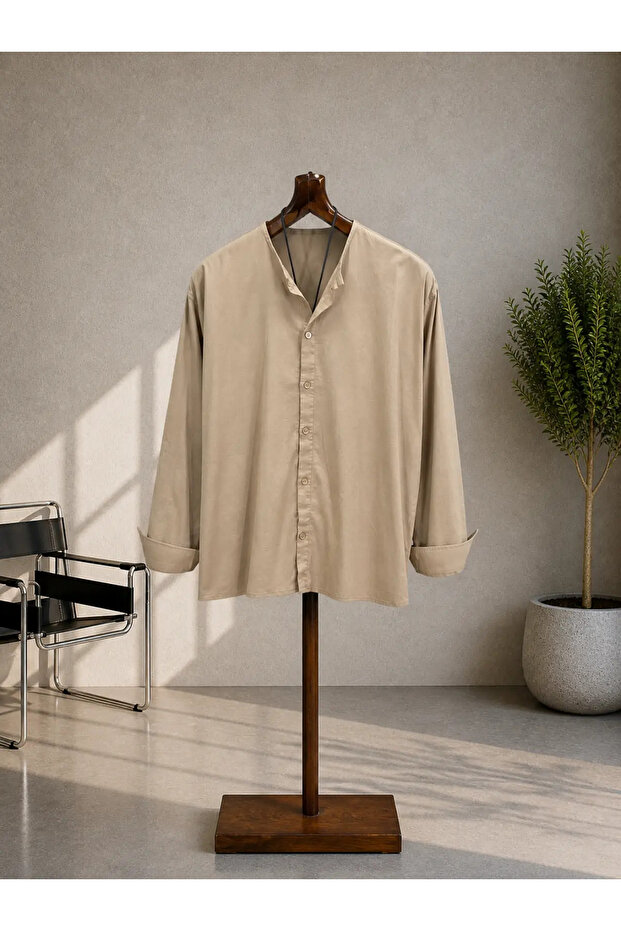 Oversize Washed Beige Cotton Woven Shirt