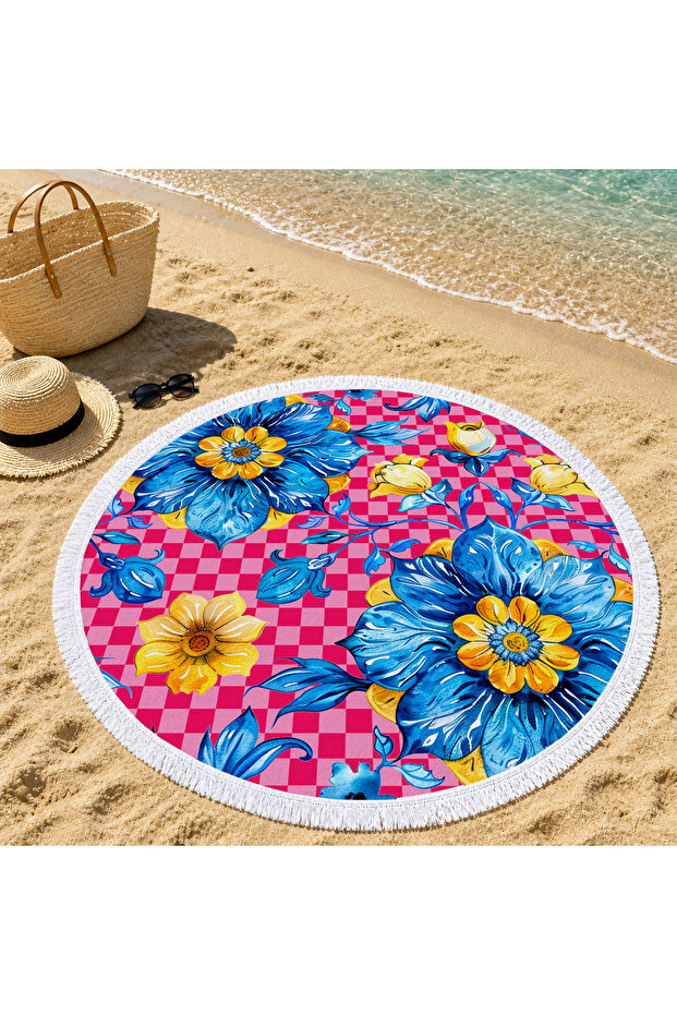 Pink Checkerboard Background Blue Floral Pattern 150 cm Round Beach Towel
