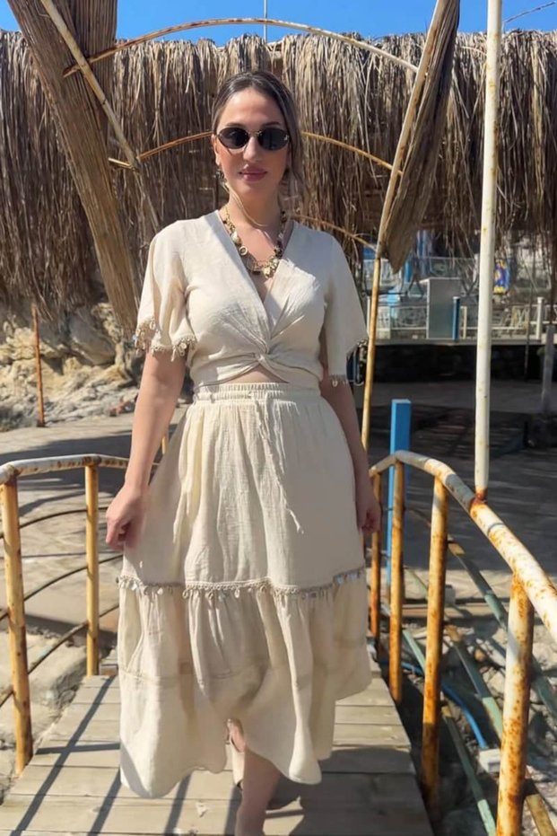 Linen Skirt and Blouse Set with Shell Accessories