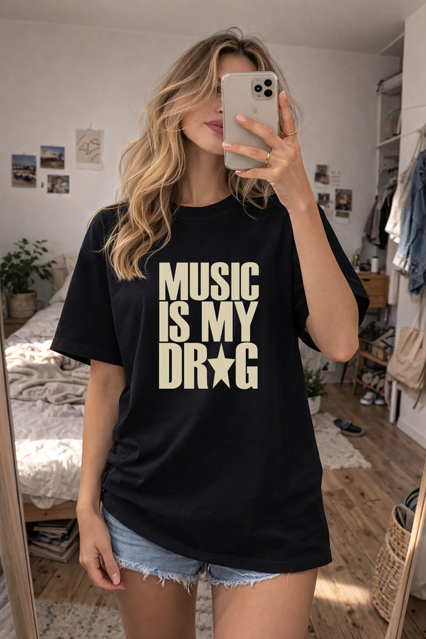 Music Printed Crew Neck Black T-Shirt T-Shirt