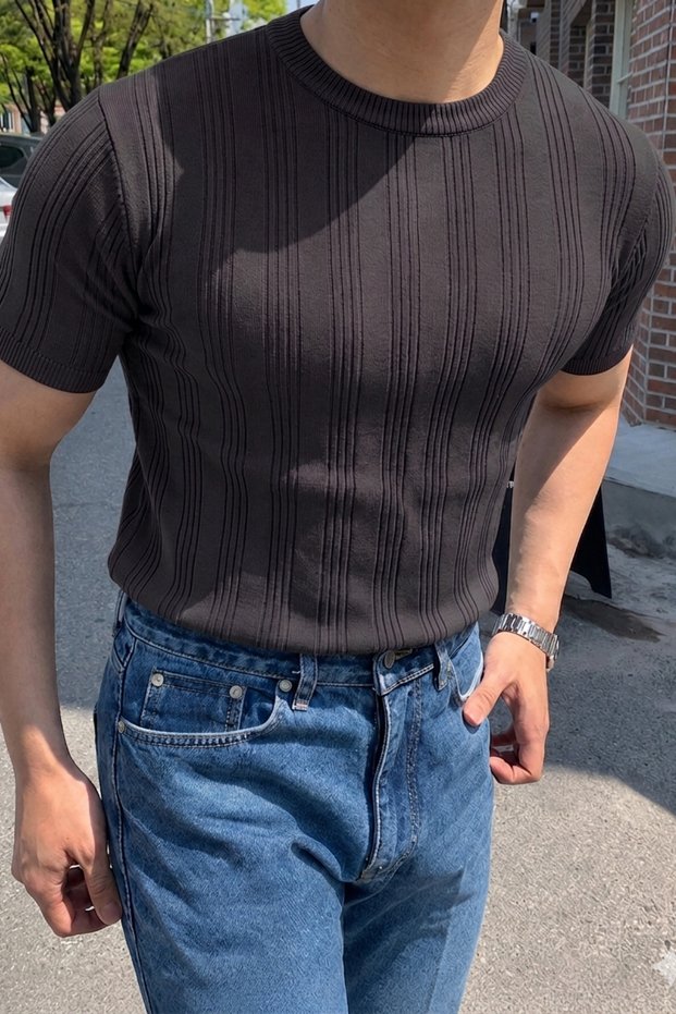 Old Money Fit Crew Neck Striped Knitwear T-Shirt – Slim Fit Premium Brown