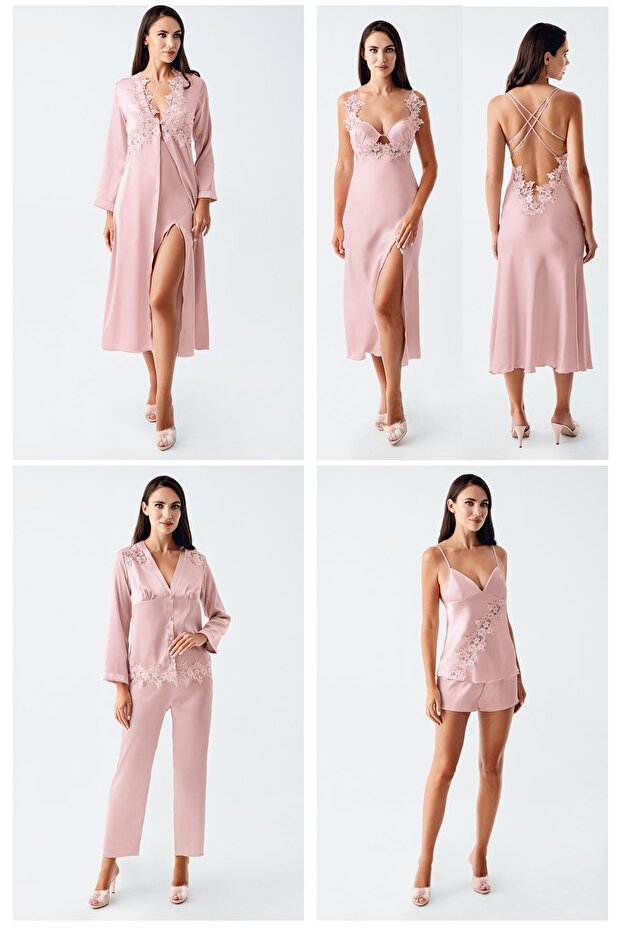 Women's Satin Lace 6-Piece Dowry Nightgown, Dressing Gown, Pajama Set Set 4000