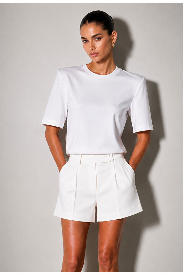 Mini Shorts High Waist White Cotton Fabric
